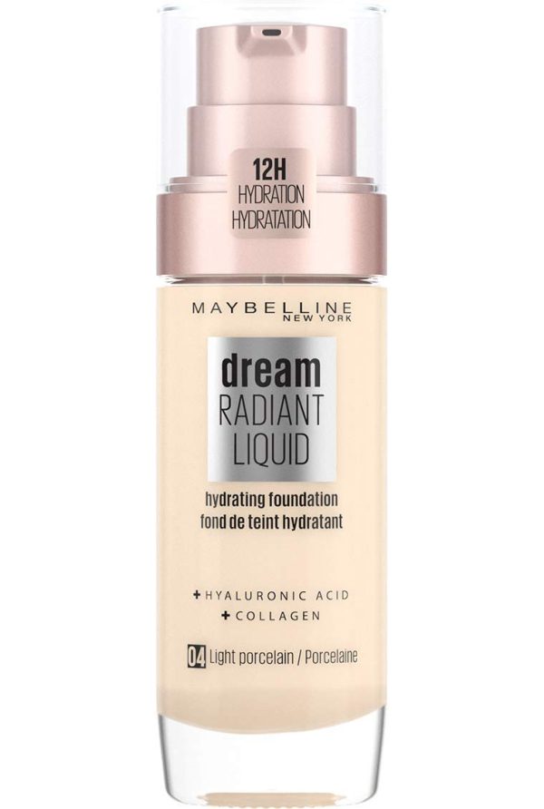 Maybelline Foundation, Dream Radiant Liquid Hydrating Foundation mit Hyaluronsäure und Kollagen - Leichte, mittlere Abdeckung Bis zu 12 Stunden Flüssigkeitszufuhr - 04 Leichtes Porzellan 1