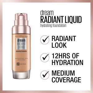 Maybelline Foundation, Dream Radiant Liquid Hydrating Foundation mit Hyaluronsäure und Kollagen - Leichte, mittlere Abdeckung Bis zu 12 Stunden Flüssigkeitszufuhr - 04 Leichtes Porzellan 18