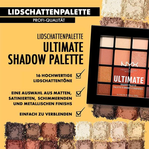 NYX Professional Makeup Lidschattenpalette mit 16 Farbtönen, Intensives und langanhaltendes Finish, Vegane Formel ohne Inhaltsstoffe tierischen Ursprungs, Ultimate Shadow, Farbton: Warm Neutrals 3