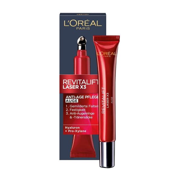 L'Oréal Paris Anti-Aging-Augenpflege mit Dreifachpower für Frauen: für gemilderte Falten, reduzierte Tränensäcke, straffere Haut mit Pro-Retinol, Vitamin C und Hyaluronsäure, RevitaLift Laser X3, 15ml 1