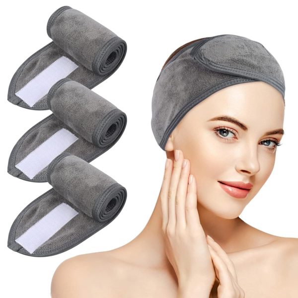 KinHwa Haarband Kosmetik Stirnband Frottee 3 Stück Haarband schminken Verstellbare Haarschutzband mit Klettverschluss Mikrofaser Haarbänder kosmetik für Make Up, Sport, Yoga, Spa, Gesicht, Grau 1