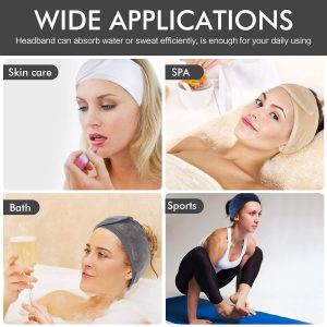 KinHwa Haarband Kosmetik Stirnband Frottee 3 Stück Haarband schminken Verstellbare Haarschutzband mit Klettverschluss Mikrofaser Haarbänder kosmetik für Make Up, Sport, Yoga, Spa, Gesicht, Grau 15