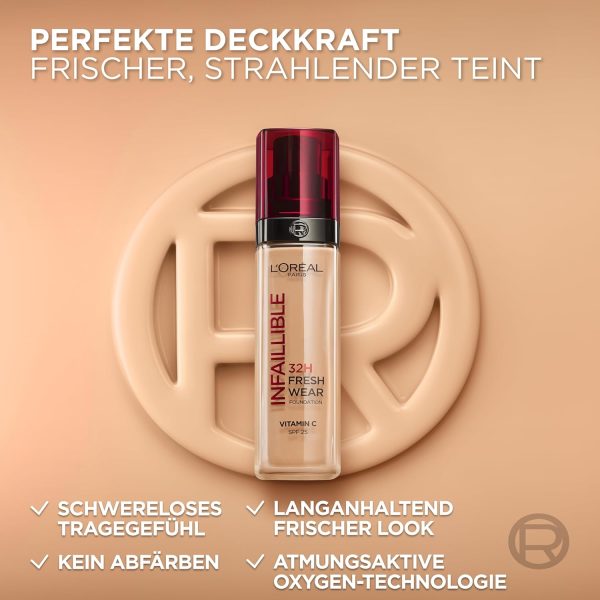 L'Oréal Paris Make-up, Wasserfest und langanhaltend, Flüssige Foundation mit LSF 25, Infaillible 32H Fresh Wear Make-up, Nr. 130 True Beige, 30 ml 3