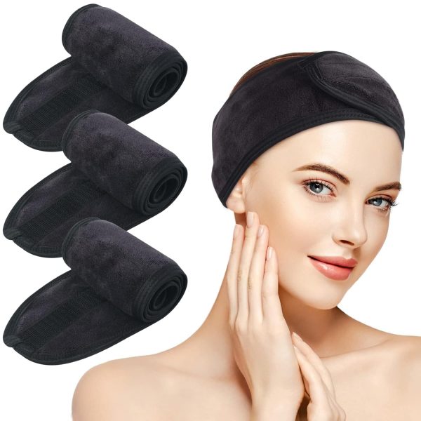 KinHwa Haarband Kosmetik Stirnband Frottee 3 Stück Haarband schminken Verstellbare Haarschutzband mit Klettverschluss Mikrofaser Haarbänder Kosmetik für Make Up, Sport, Yoga, Spa, Gesicht, Schwarz 1