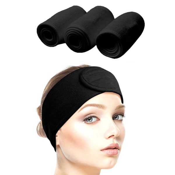 Queta Haarband für Make Up, Kosmetik Stirnband Frottee, verstellbare Haarschutzband mit Klettverschluss 3pcs (Schwarz, Normal) 1