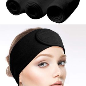 Queta Haarband für Make Up, Kosmetik Stirnband Frottee, verstellbare Haarschutzband mit Klettverschluss 3pcs (Schwarz, Normal) 15