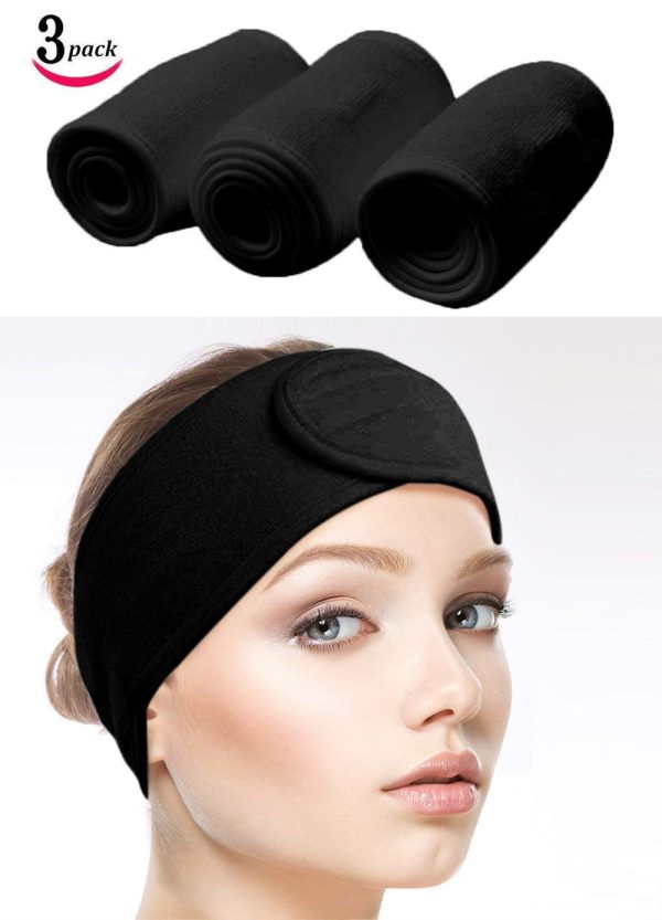 Queta Haarband für Make Up, Kosmetik Stirnband Frottee, verstellbare Haarschutzband mit Klettverschluss 3pcs (Schwarz, Normal) 6