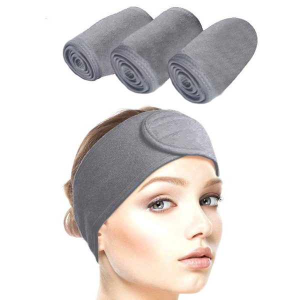 Queta Haarband für Make Up, Kosmetik Stirnband Frottee, verstellbare Haarschutzband mit Klettverschluss 3pcs (Grau, Normal) 1