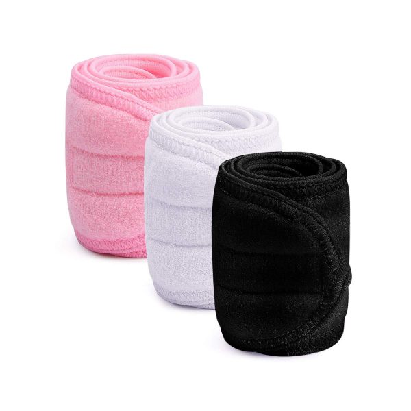 3Pcs Kosmetik Haarband,XCOZU Spa Kosmetik Stirnband Frottee Haarband für Make Up Damen Sport Yoga kosmetische Behandlungen,Verstellbare Haarschutzband mit Klettverschluss(Schwarz Weiß Pink) 1