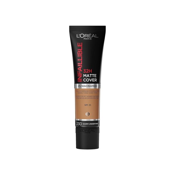 L'Oréal Paris Make up, Wasserfest und langanhaltend, Mattierende, flüssige Foundation mit hoher Deckkraft, Formel mit 4% Niacinamiden, Infaillible 32H Matte Cover, Nr. 230 Warm, 1 x 30 ml 1