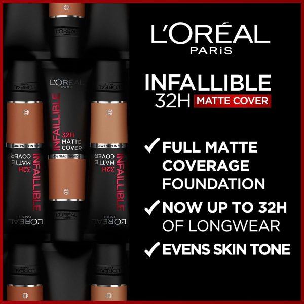 L'Oréal Paris Make up, Wasserfest und langanhaltend, Mattierende, flüssige Foundation mit hoher Deckkraft, Formel mit 4% Niacinamiden, Infaillible 32H Matte Cover, Nr. 155 Cool, 1 x 30 ml 2