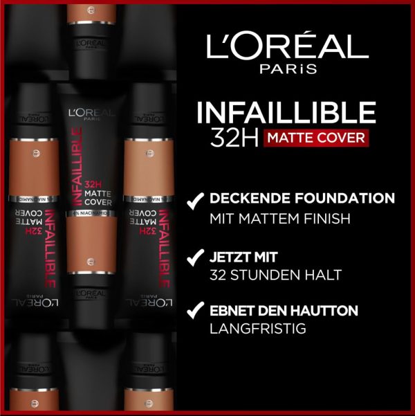 L'Oréal Paris Make up, Wasserfest und langanhaltend, Mattierende, flüssige Foundation mit hoher Deckkraft, Formel mit 4% Niacinamiden, Infaillible 32H Matte Cover, Nr. 135 Warm, 1 x 30 ml 2