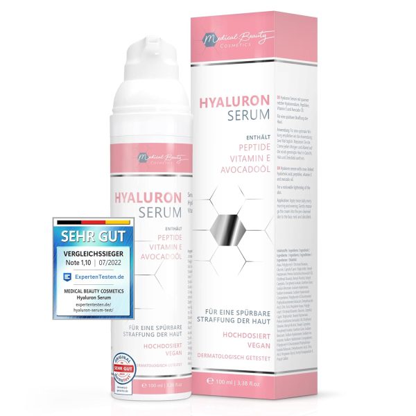 Hyaluron Serum hochdosiert 100ml - mit Anti Aging Booster Avocado-Öl, Peptiden und Vitamin E – vegane Anti-Falten Gesichtscreme für Augen, Hals und Dekolleté mit quervernetzter Hyaluronsäure 1