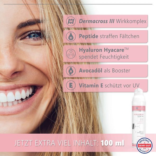 Hyaluron Serum hochdosiert 100ml - mit Anti Aging Booster Avocado-Öl, Peptiden und Vitamin E – vegane Anti-Falten Gesichtscreme für Augen, Hals und Dekolleté mit quervernetzter Hyaluronsäure 2