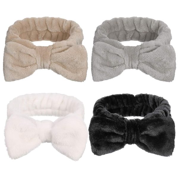 Heyu-Lotus 4 Stück Spa Bowknot Haarbänder, Coral Fleece Makeup Bow Stirnband Elastic Cosmetic Stirnband zum Waschen der Gesichtsdusche Yoga Sport Hautpflege(Schwarz, Weiß, Grau, Khaki) 1