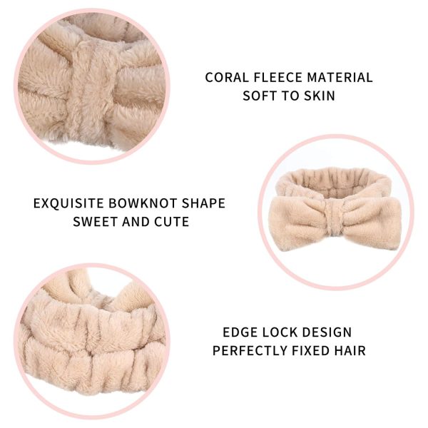 Heyu-Lotus 4 Stück Spa Bowknot Haarbänder, Coral Fleece Makeup Bow Stirnband Elastic Cosmetic Stirnband zum Waschen der Gesichtsdusche Yoga Sport Hautpflege(Schwarz, Weiß, Grau, Khaki) 3