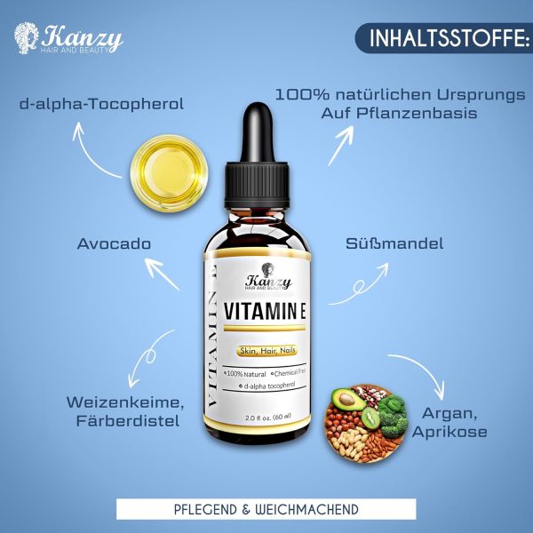 Kanzy Vitamin E Öl Bio Tropfen für Kosmetik 60ml 100% Natürliches d-Alpha-tocopherol, Anti-Falten, Anti Aging, Reines Vitamin E Öl Gegen Falten aller Art, Gesicht, Nagel und Haare 2