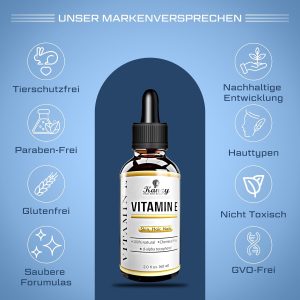 Kanzy Vitamin E Öl Bio Tropfen für Kosmetik 60ml 100% Natürliches d-Alpha-tocopherol, Anti-Falten, Anti Aging, Reines Vitamin E Öl Gegen Falten aller Art, Gesicht, Nagel und Haare 15