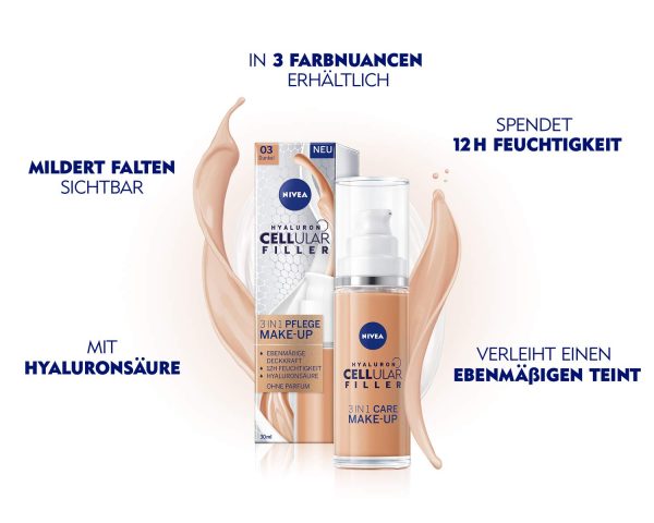 NIVEA Hyaluron Cellular Filler 3in1 Pflege Make-Up Dunkel (30 ml), feuchtigkeitsspendende Foundation mit Hyaluron, Gesichts für einen ebenmäßigeren Teint 2