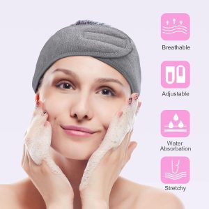 MELLIEX 4 Stück Kosmetik Haarband, Spa Stirnband Frottee Haarbänder für Make Up Sport Yoga Verstellbare Haarschutzband mit Klettverschluss(Schwarz+Grau) 12