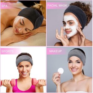 MELLIEX 4 Stück Kosmetik Haarband, Spa Stirnband Frottee Haarbänder für Make Up Sport Yoga Verstellbare Haarschutzband mit Klettverschluss(Schwarz+Grau) 16