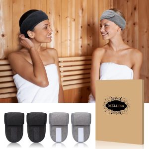 MELLIEX 4 Stück Kosmetik Haarband, Spa Stirnband Frottee Haarbänder für Make Up Sport Yoga Verstellbare Haarschutzband mit Klettverschluss(Schwarz+Grau) 18