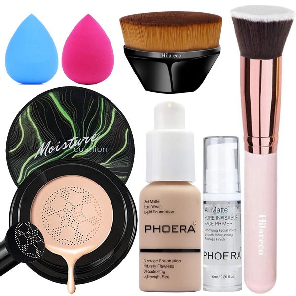 Pilzkopf Luftkissen CC Creme, Air Cushion CC Cream,PHOERA Foundation,PHOERA Primer,Make Up Foundation Pinsel and Puder Pinsel, Make up Schwamm Set (102+02CC/Nude+Natural CC) 1