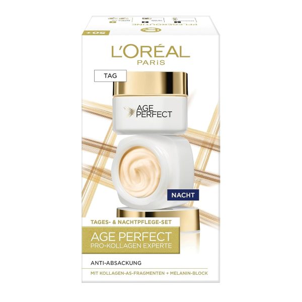 L'Oréal Paris Straffendes Gesichtspflegeset für reife Haut mit Anti-Aging Tagespflege und Nachtpflege gegen Altersflecken, Mit Kollagen-AS-Fragmenten, Age Perfect Pro, Experte, 2 x 50 ml 1