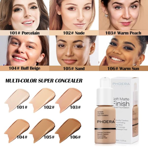 2 Stück PHOERA Foundation, Full Coverage Foundation, Concealer Flüssige Foundation Full Coverage Flawless Cream Glatte, langanhaltende Neu 30ml 24HR Matte Oil Control Concealer Make up (2 Stück 102) 5