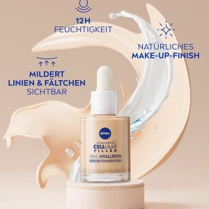 NIVEA 3in1 Hyaluron Serum Foundation mittel (30 ml), Anti-Age Foundation mit Serum für eine jünger aussehende Haut, feuchtigkeitsspendende Foundation mit Hyaluron 9