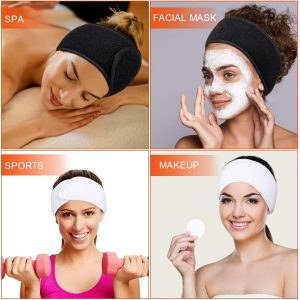 MELLIEX 4 Stück Kosmetik Haarband, Spa Stirnband Frottee Haarbänder für Make Up Sport Yoga Verstellbare Haarschutzband mit Klettverschluss(Schwarz+Weiß) 16