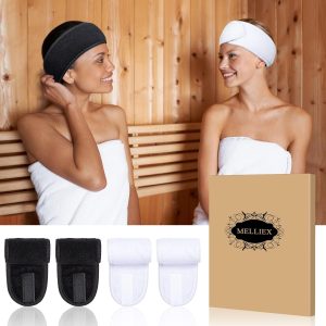 MELLIEX 4 Stück Kosmetik Haarband, Spa Stirnband Frottee Haarbänder für Make Up Sport Yoga Verstellbare Haarschutzband mit Klettverschluss(Schwarz+Weiß) 18