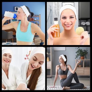 ZEACCT Kosmetik Stirnband Frottee Haarband Kosmetik Mikrofaser Haarschutzband mit für Kosmetische Behandlungen Haarschutz bei Schminken, Sport, Spa,Yoga, Waschbar 4 Stück Dunkelgrau-Weiß 10