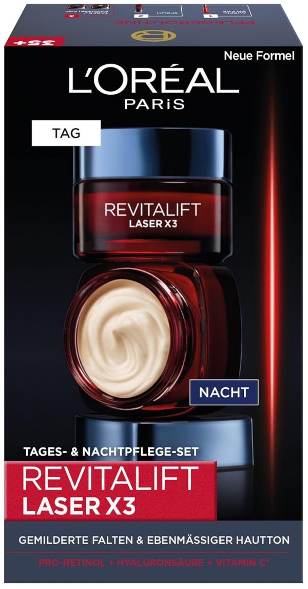 L'Oréal Paris Gesichtspflege Set, Anti-Aging Tagespflege und Nachtpflege mit 3-fach Wirkung, Mit Pro-Retinol, Hyaluron und Vitamin C, Revitalift Laser X3, 2 x 50 ml 1