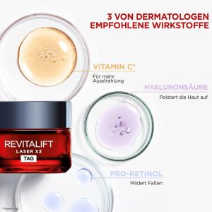 L'Oréal Paris Gesichtspflege Set, Anti-Aging Tagespflege und Nachtpflege mit 3-fach Wirkung, Mit Pro-Retinol, Hyaluron und Vitamin C, Revitalift Laser X3, 2 x 50 ml 12