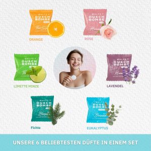 WALTZ 7 Original Duschbomben Set, 6 Stück mit 6 Düften, Qualität aus Europa, Badebomben, Badekugeln Alternative, kleines Geschenk Frauen, Freundin, Männer, Mitbringsel Gastgeschenk, Geschenkidee 13