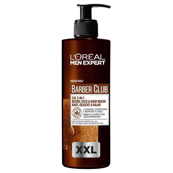 L'Oréal Men Expert XXL 3-in-1 Bartshampoo für Männer, Bartseife für Bart, Gesicht und Haar, Herren Bartpflege gegen Schuppen mit ätherischem Zedernholzöl, Barber Club, [Amazon Exclusive], 1 x 400 ml 1