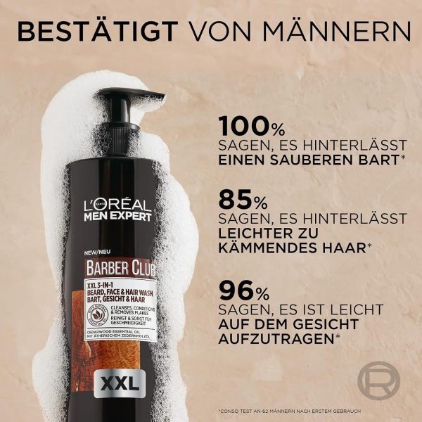 L'Oréal Men Expert XXL 3-in-1 Bartshampoo für Männer, Bartseife für Bart, Gesicht und Haar, Herren Bartpflege gegen Schuppen mit ätherischem Zedernholzöl, Barber Club, [Amazon Exclusive], 1 x 400 ml 6