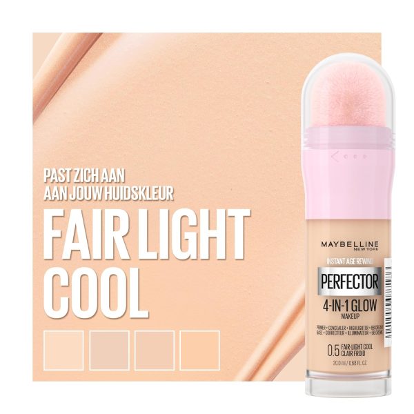 Maybelline New York 4-in-1 Make Up mit Concealer, BB Cream, Highlighter und Primer, für einen perfekten Teint, Foundation mit leichter Deckkraft, Instant Perfector Glow, Nr. 0.5 Fair Light Cool, 20 ml 2