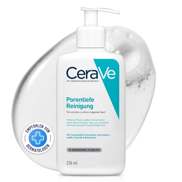 CeraVe Schäumendes Reinigungsgel für das Gesicht, Porentiefe Reinigung bei unreiner und zu Akne neigender Haut, Mit Salicylsäure, weißer Tonerde und Niacinamid, 236 ml 1