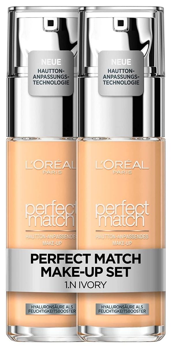 L'Oréal Paris Make up im Doppelpack, Flüssige Foundation mit Hyaluron und Aloe Vera, Perfect Match Make-Up, Nr. 1.N Ivory, 2 x 30 ml 1