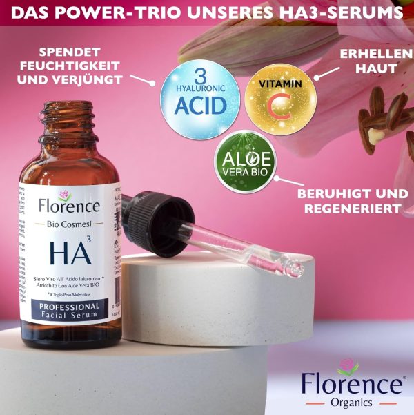 60 ml. Hochdosiertes Bio Hyaluron Serum mit Niacinamid, B5, Vitamin C und Aloe. Vegane Anti-Aging Gesichtspflege-Feuchtigkeitscreme. Hyaluronsäure serum für das Gesicht mit Anti-Falten-Wirkstoffen 3