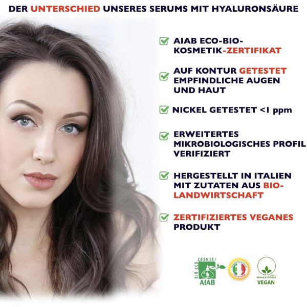 60 ml. Hochdosiertes Bio Hyaluron Serum mit Niacinamid, B5, Vitamin C und Aloe. Vegane Anti-Aging Gesichtspflege-Feuchtigkeitscreme. Hyaluronsäure serum für das Gesicht mit Anti-Falten-Wirkstoffen 5