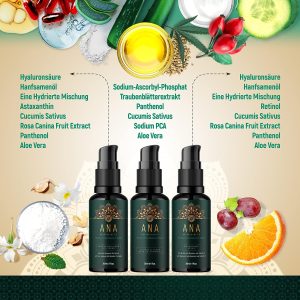 Bio Gesichtspflege Set 3x30 ml - Geschenke für Frauen - Vitamin C Serum Gesicht mit Vitamin A + E - wirksames Retinol & Hyaluron Gesichtsserum mit Aloe Vera Gel Basis - ANA Naturkosmetik 12