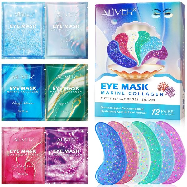 Augenmaske mit Natürlichen Marine -Kollagen & Hyaluronsäure, Eye Pads für Geschwollene Augen, Eye Patches,Anti-Aging Augenpads Gegen Augenringe Entfernen, Reduzieren Falten (12 Paar) 1