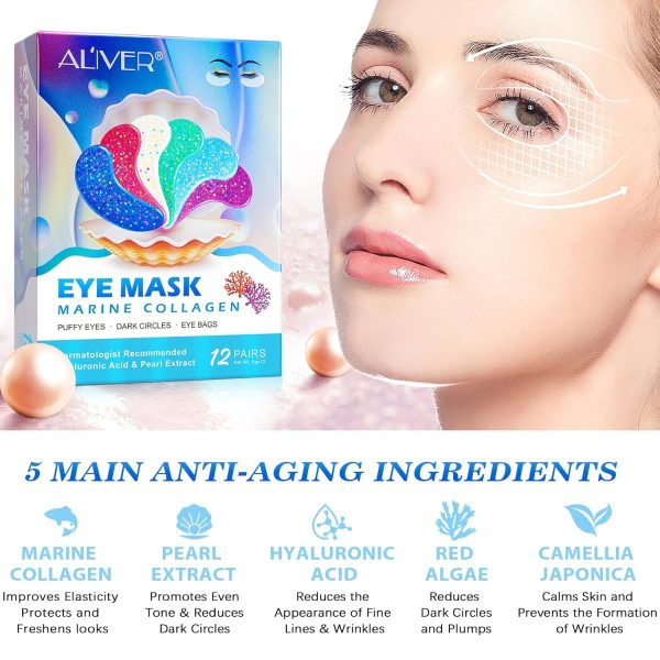 Augenmaske mit Natürlichen Marine -Kollagen & Hyaluronsäure, Eye Pads für Geschwollene Augen, Eye Patches,Anti-Aging Augenpads Gegen Augenringe Entfernen, Reduzieren Falten (12 Paar) 2