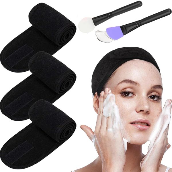 3 Stück Makeup Haarband, Verstellbares Stretch-Handtuch mit Magic Tape mit 2 Stücke Silikonpinsel, Spa Gesicht Stirnband für Schminken und Gesicht Waschen Frottee Haarband(Schwarz） 1