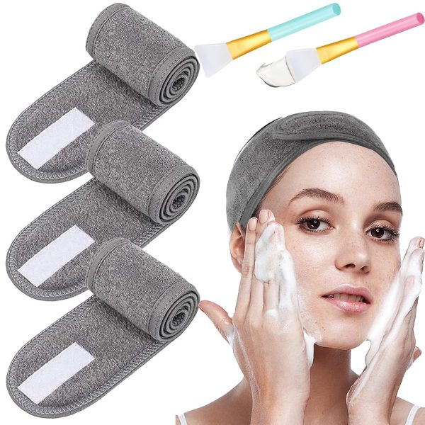 3 Stück Makeup Haarband, Verstellbares Stretch-Handtuch mit Magic Tape mit 2 Stücke Silikonpinsel, Spa Gesicht Stirnband für Schminken und Gesicht Waschen Frottee Haarband(Grau) 1