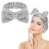 Spa Bowknot Stirnband Damen Spa Haarband Kosmetik, Coral Fleece Makeup Haarbänder Elastic, Cosmetic Stirnband Breitkrempe Korallenvlies Waschen Gesicht Kopfwickel für Dusche Hautpflege Sport(Grau) 20