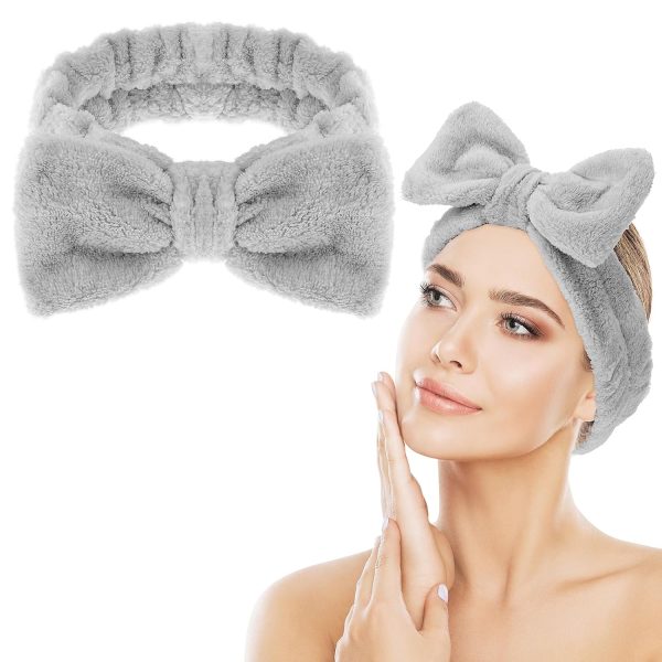 Spa Bowknot Stirnband Damen Spa Haarband Kosmetik, Coral Fleece Makeup Haarbänder Elastic, Cosmetic Stirnband Breitkrempe Korallenvlies Waschen Gesicht Kopfwickel für Dusche Hautpflege Sport(Grau) 1